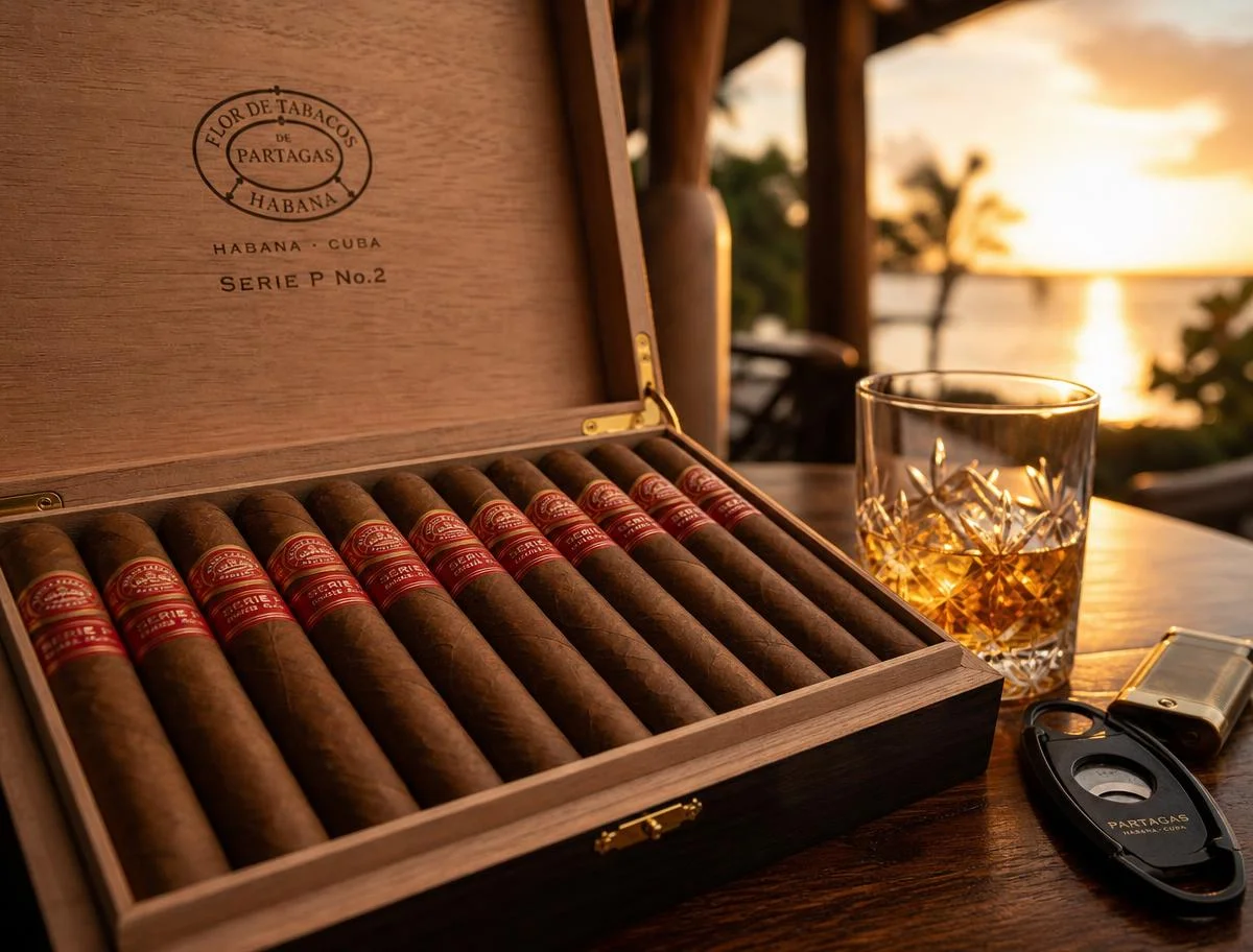 Premium cigars in an open humidor beside a pour of whiskey at sunset