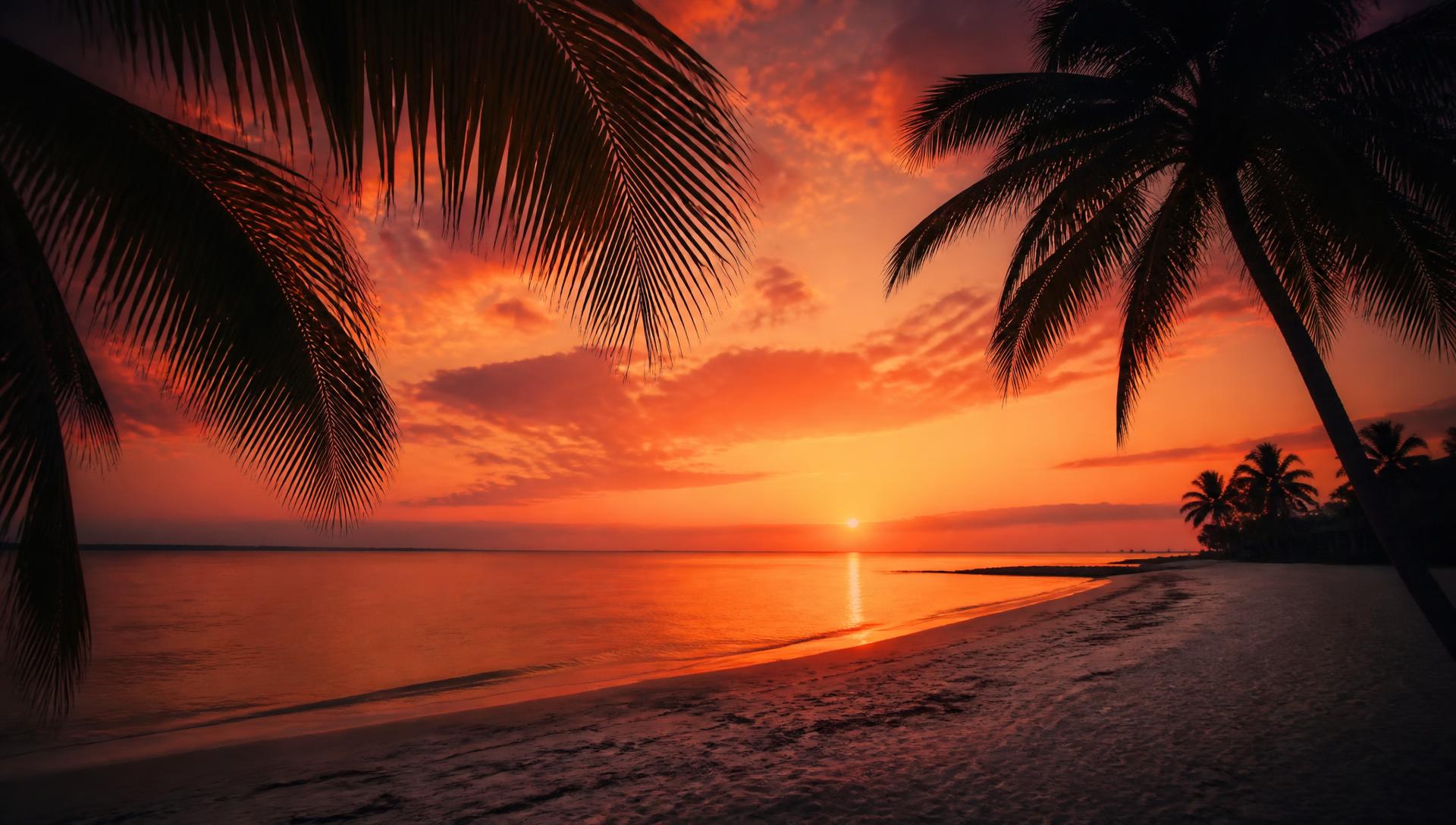 Sunset over a Gulf Coast beach framed by palm trees